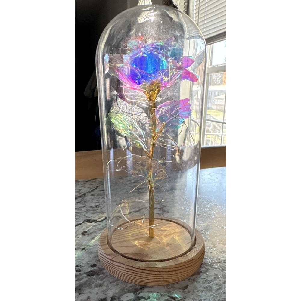 Enchanted Galaxy Rose in a glass dome with iridescent rainbow Petals And LED Log
